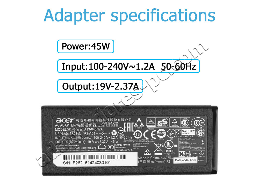 Original 45W Acer Aspire One Cloudbook 14 AO1-431 Adaptador Cargador