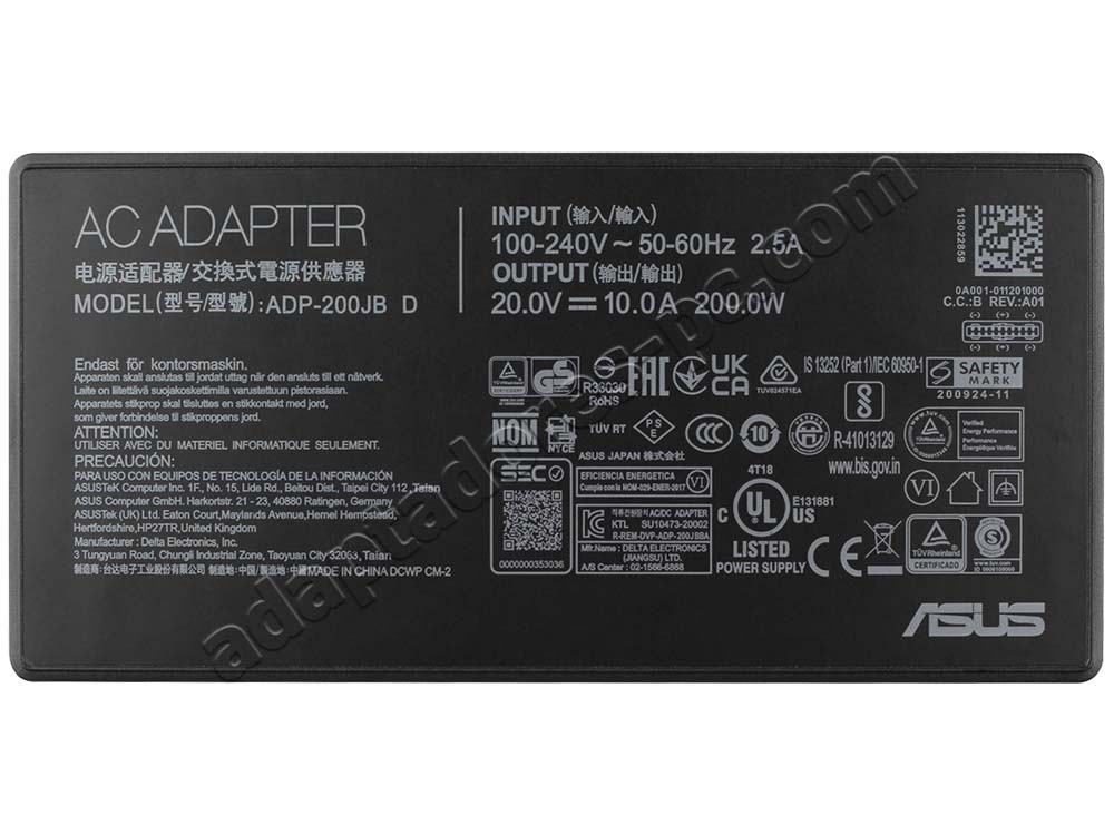 Original 200W Asus ADP-200JB K Rectangle Conn Cargador AC Adaptador + Cable