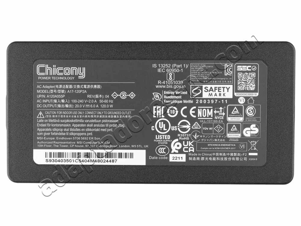Original 120W Cargador MSI Thin GF63 12VE-087DE AC Adaptador + Cable