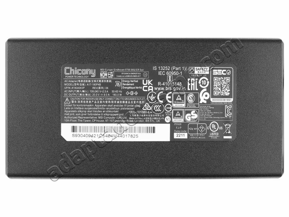 Original 180W Cargador MSI Katana GF76 12UC AC Adaptador + Cable