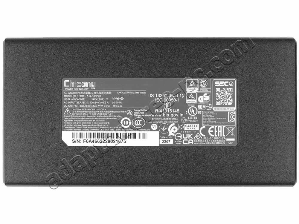 Original 180W Cargador MSI Delta ADP-180HB B AC Adaptador + Cable