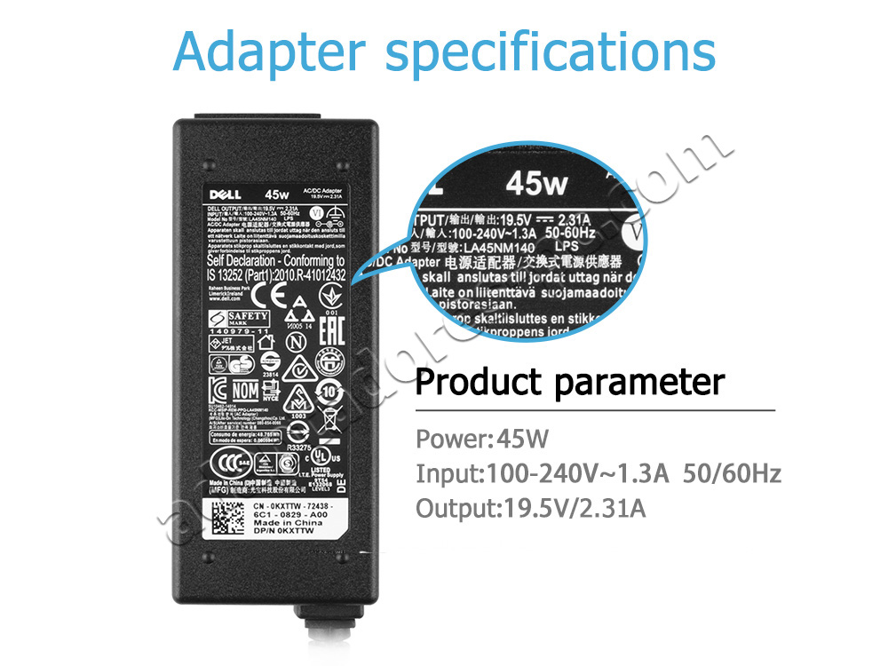 45W Dell Inspiron 5767 P32E001 Original AC Adaptador Cargador