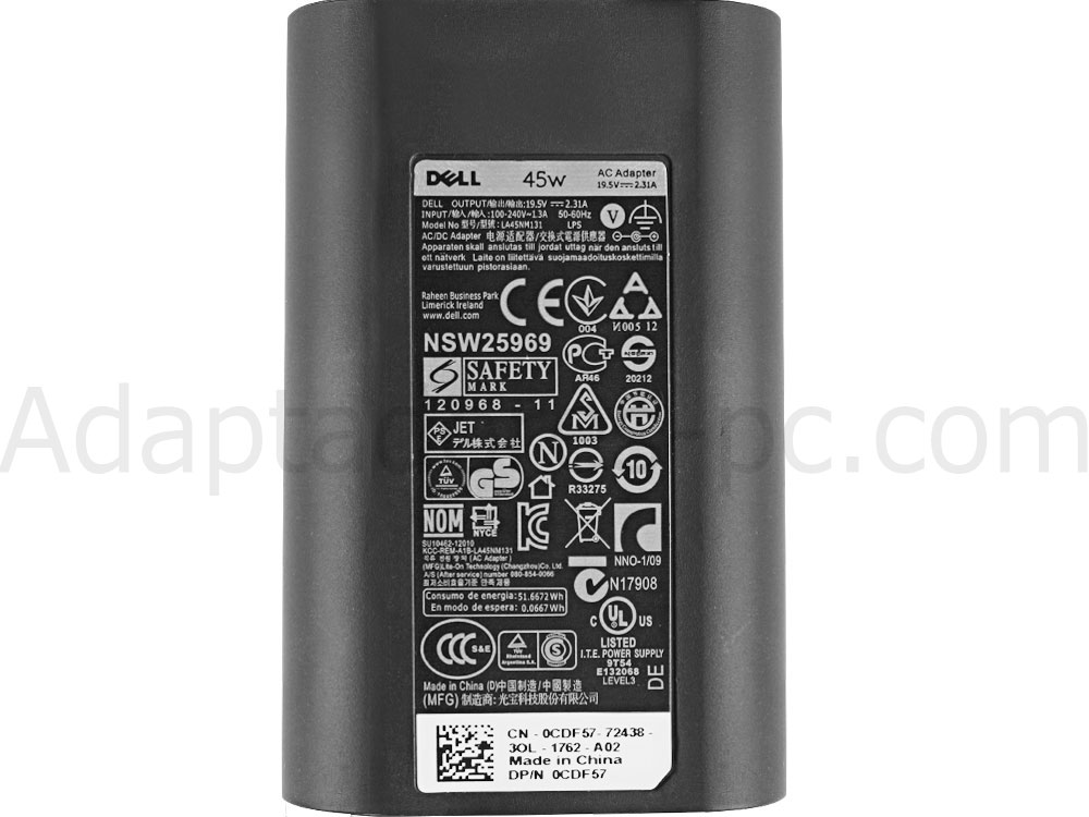 45W Dell XPS 13 9360 Original Adaptador Cargador