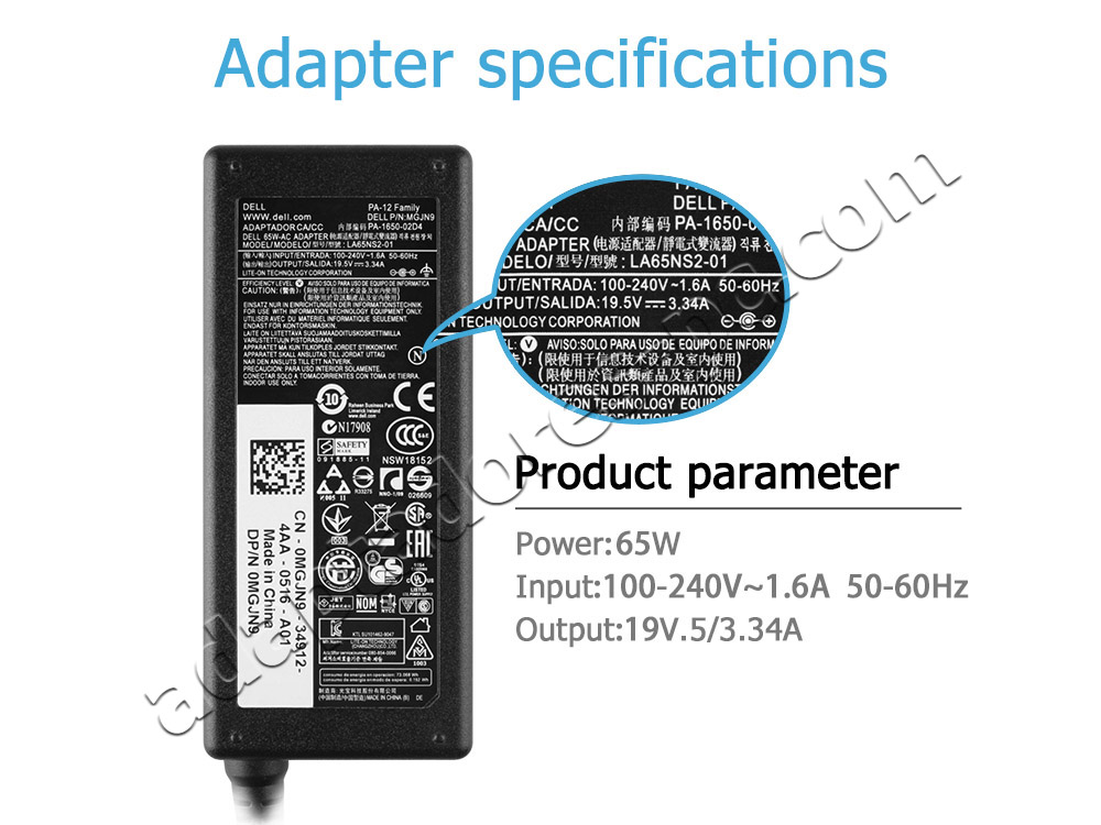 Original 65W Dell Vostro 5490 P116G P116G001 AC Adaptador Cargador