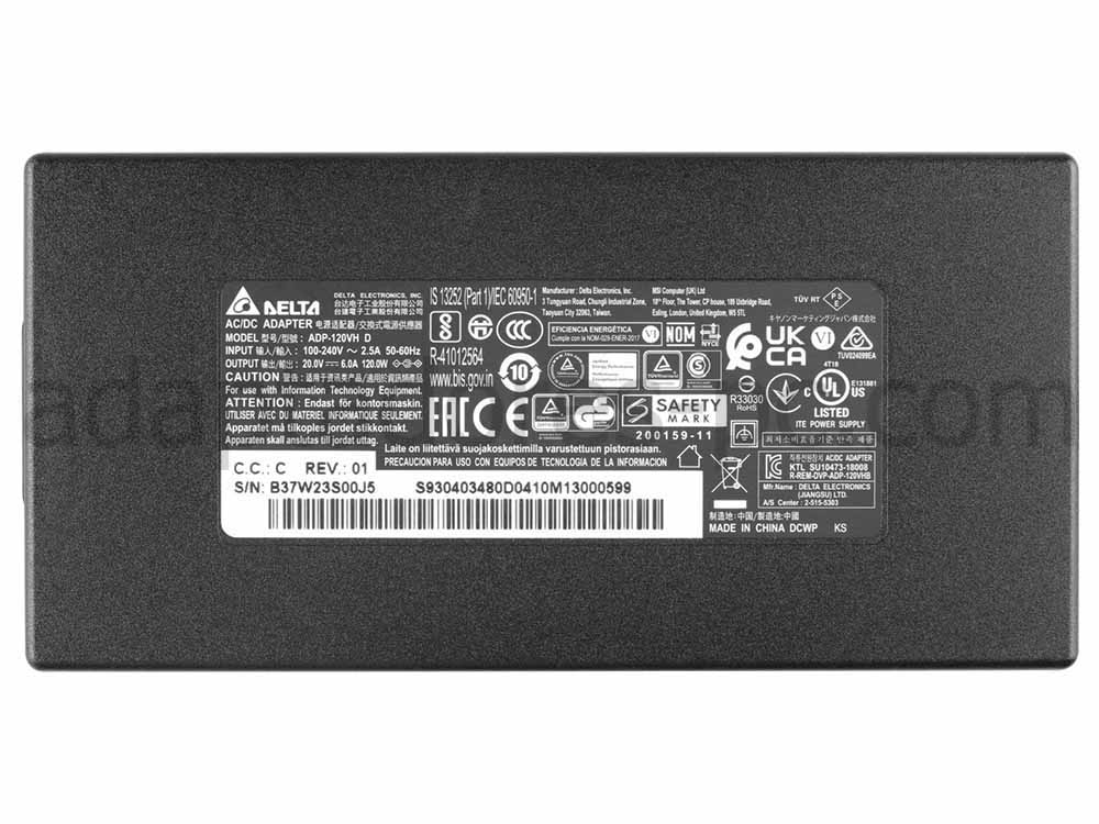 Original 120W Cargador MSI Thin GF63 12VE-066US AC Adaptador + Cable