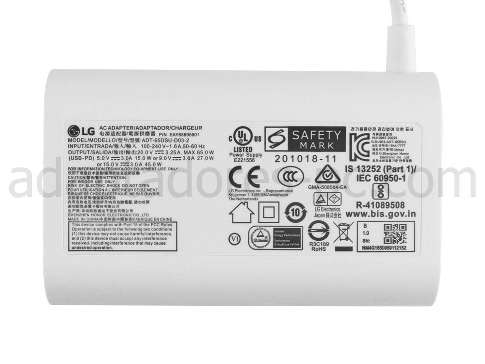 Original 65W USB-C Cargador LG ADT-65FSU-D03-EPK AC Adaptador