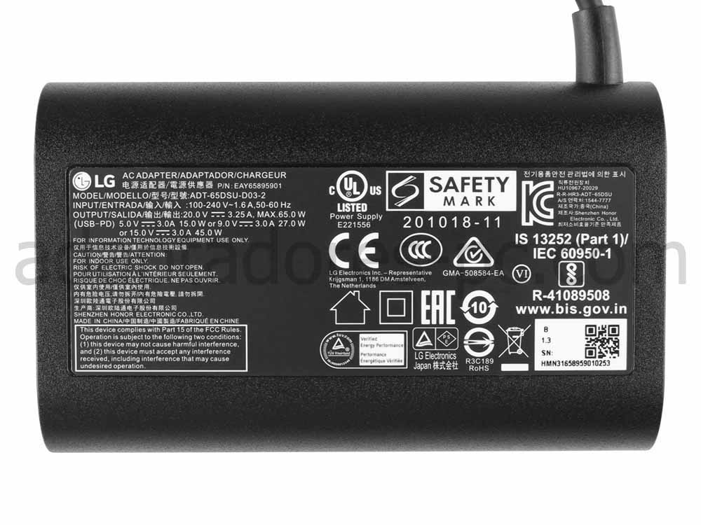 Original 65W USB-C Cargador LG Gram 1 4Z90P-K. ARW3U1 AC Adaptador