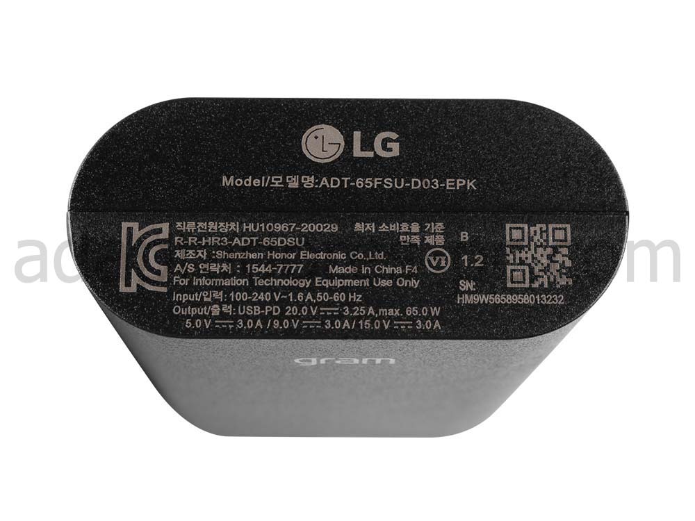 Original 65W USB-C Cargador LG Gram 1 4Z90P-K. ARW3U1 AC Adaptador