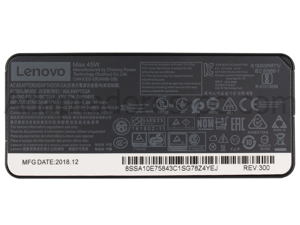 45W Lenovo 4X20E75134 AC Adaptador Cargador