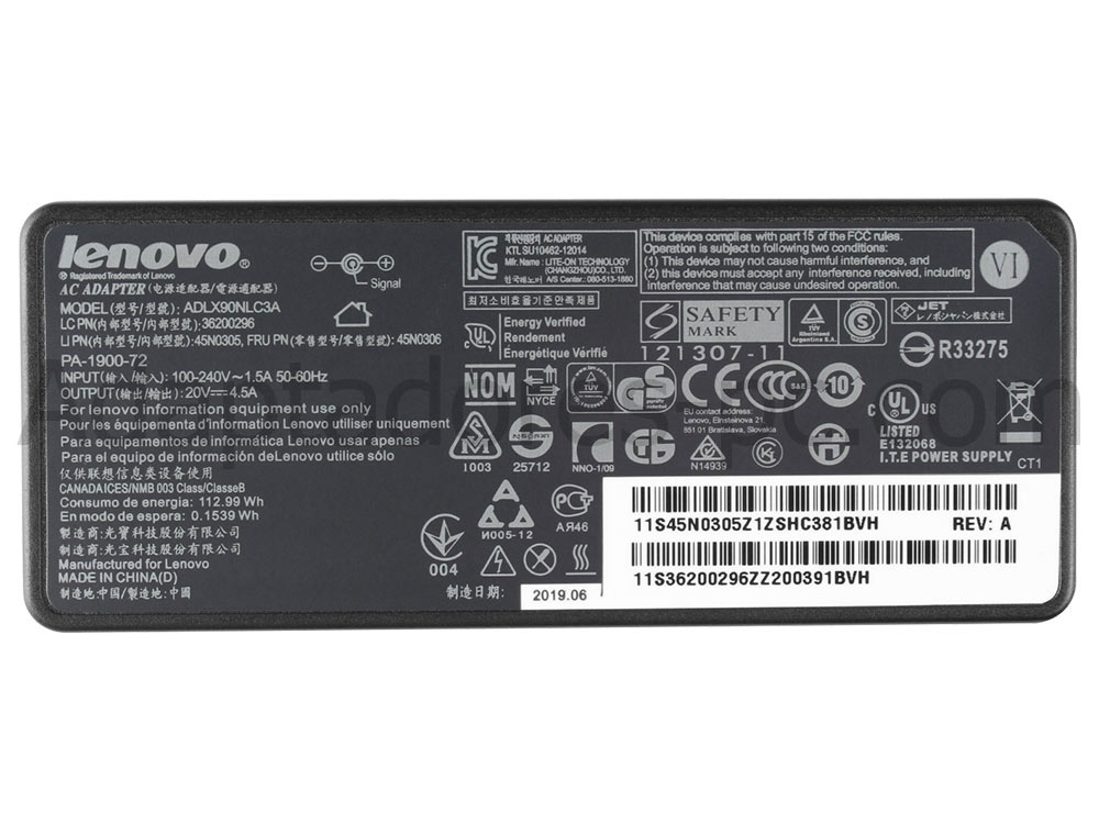 Original 90W AC Adaptador Cargador Lenovo ThinkPad Edge 0197