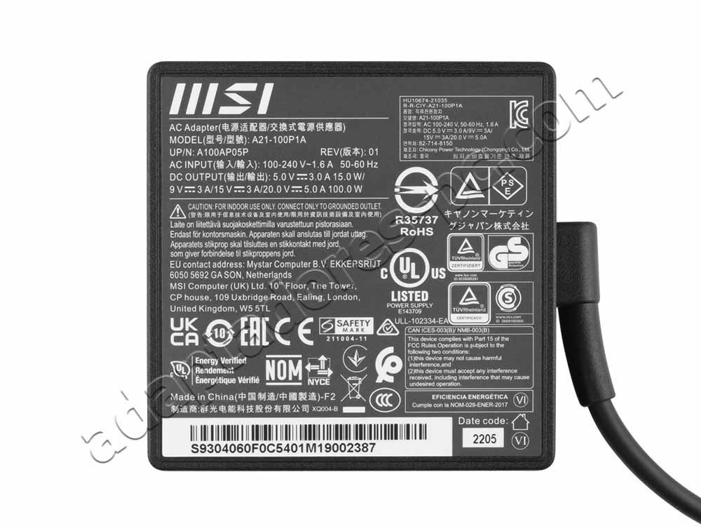 Original 100W USB-C Cargador MSI Stealth A16 AI+ A3HVFG-075IN AC Adaptador + Cable