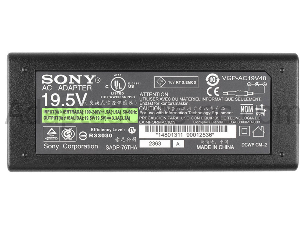 Original 65W AC Adaptador Cargador Sony VGP-AC19V43 VGP-AC19V48